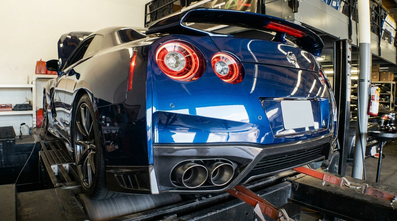Blue Nissan GT-R on the dyno at Drift Office